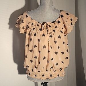 Marisol Womens Peach with Black Hearts, Bottom Elastic with Fluffy Cap Sleeve, L